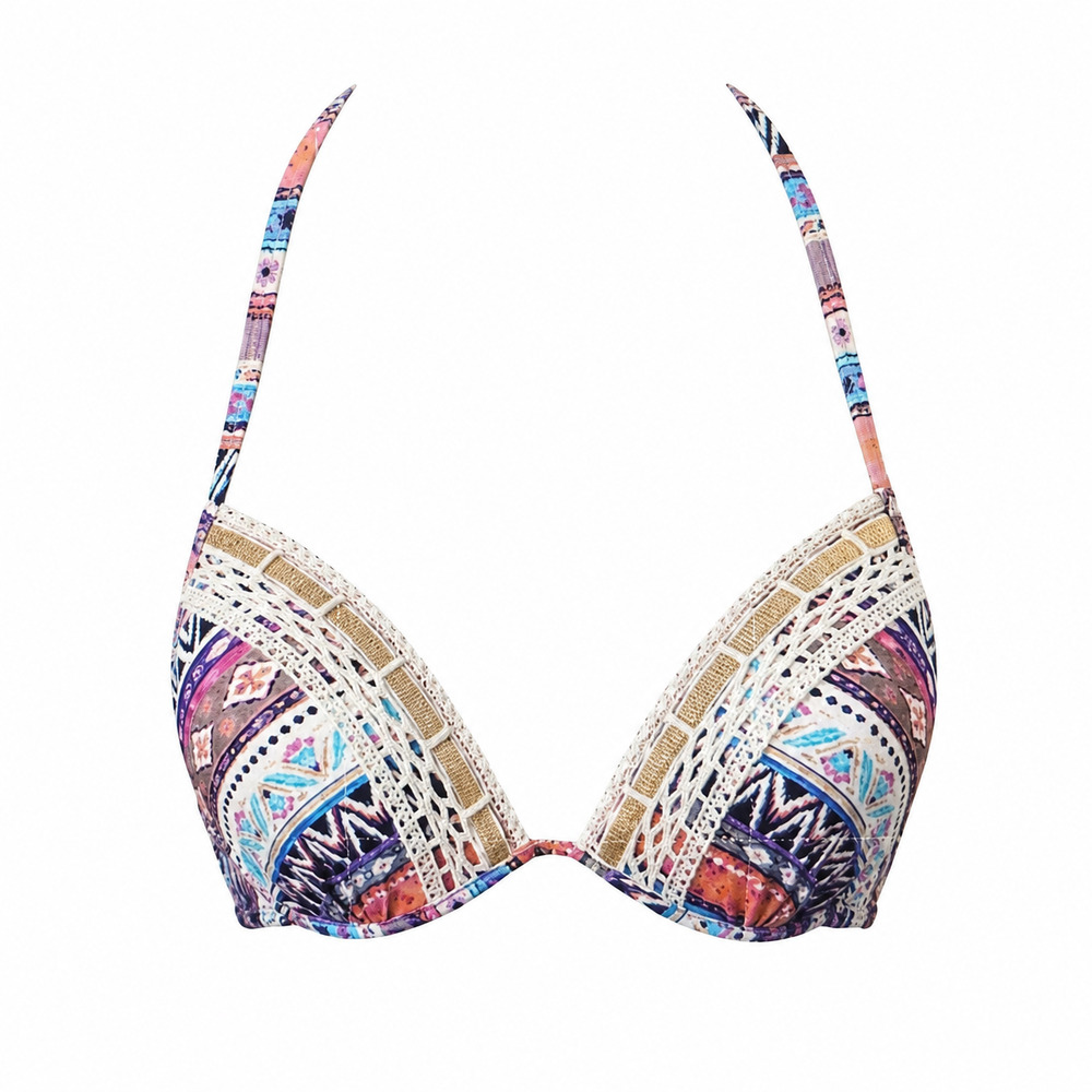 Multicolor Crochet Push Up Bikini Top Size M Beachy Boho Halter Swimwear Pool